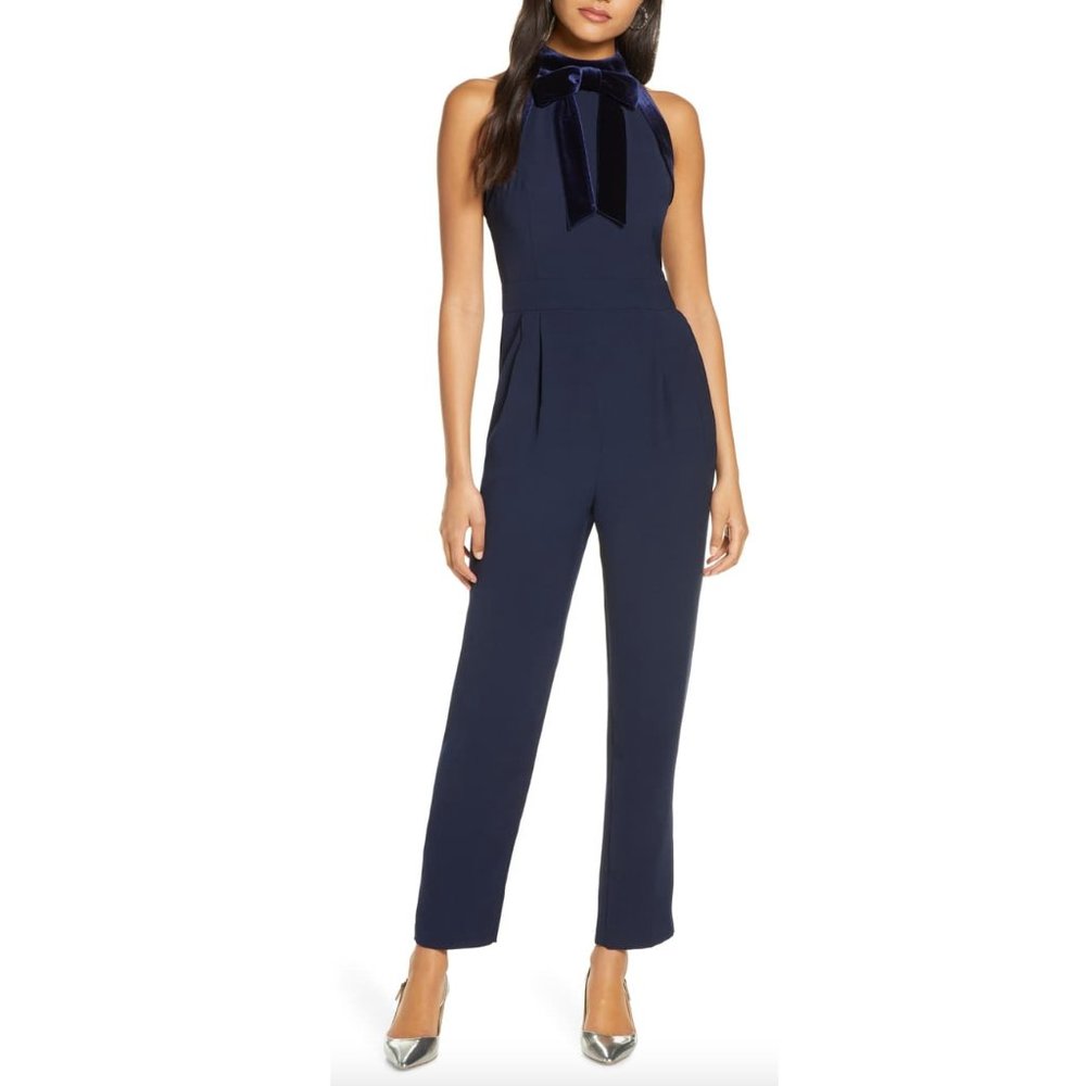 1901 Velvet Trim Halter Jumpsuit